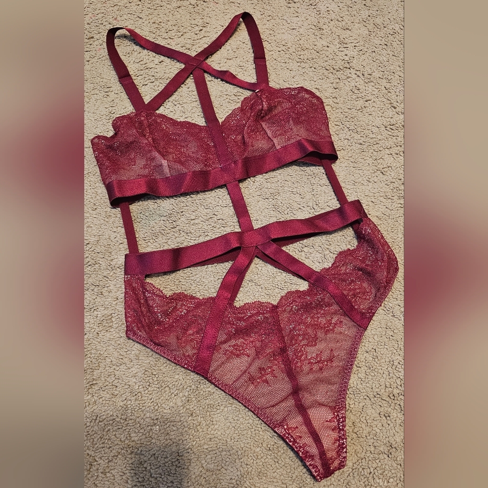 Victoria's Secret Burgandy Red Strappy Sheer Lace Bodysuit